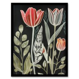 "Artery8 Tulip Flower Field Red Green Grey Folk Art Floral Framed Art Print - Size: W12"" x H16""" - thumbnail 1