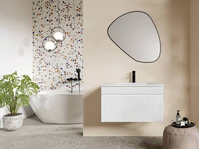 Vente-unique Fluted Wall-Hung Vanity Unit In White - 80 Cm - SATARA - image 1