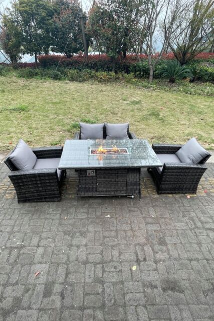 Fimous Rattan Outdoor Furniture Gas Fire Pit Rectangle Dining Table Gas Heater Chairs Sofa Sets 4 Seater in Dark Grey