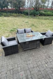 Fimous Rattan Outdoor Furniture Gas Fire Pit Rectangle Dining Table Gas Heater Chairs Sofa Sets 4 Seater in Dark Grey - thumbnail 3