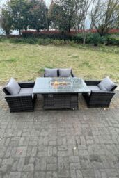 Fimous Rattan Outdoor Furniture Gas Fire Pit Rectangle Dining Table Gas Heater Chairs Sofa Sets 4 Seater in Dark Grey - thumbnail 1