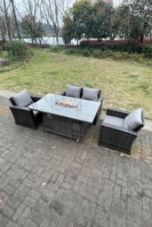 Fimous Rattan Outdoor Furniture Gas Fire Pit Rectangle Dining Table Gas Heater Chairs Sofa Sets 4 Seater in Dark Grey - thumbnail 4