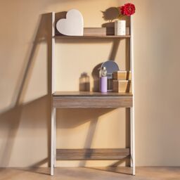 Orsina Light Oak Effect Desk or Ladder Unit, Desk With Pull-Out Slider, White Powder-Coated Metal Frame Working Desk in Grey