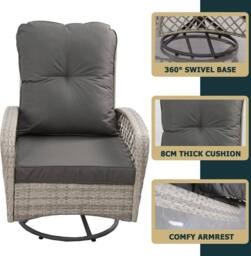 FURNITURE ONE Patio Rattan Swivel Chair, with Soft Cushion - Gray in Grey - Size: 1 Pack - thumbnail 2
