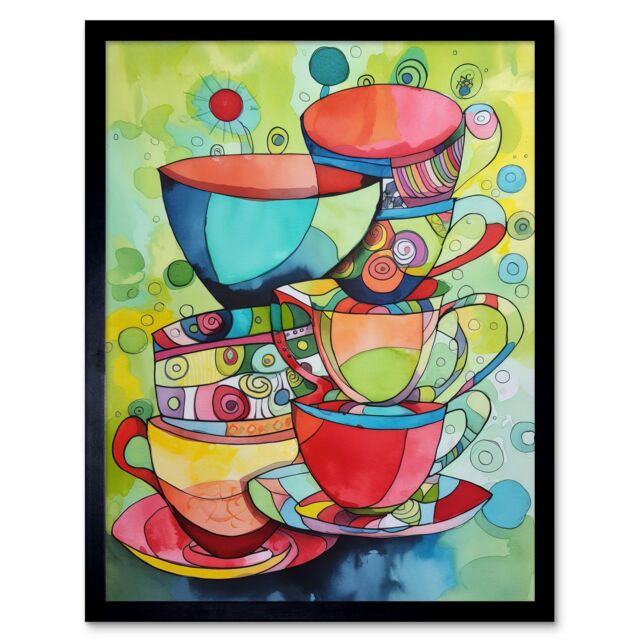 "Artery8 Wall Art Print Abstract Tea Cups Folk Art Kitchen Art Framed in Black - Size: W12"" x H16""" - image 1
