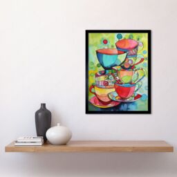 "Artery8 Wall Art Print Abstract Tea Cups Folk Art Kitchen Art Framed in Black - Size: W12"" x H16""" - thumbnail 2
