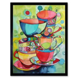 "Artery8 Wall Art Print Abstract Tea Cups Folk Art Kitchen Art Framed in Black - Size: W12"" x H16""" - thumbnail 1