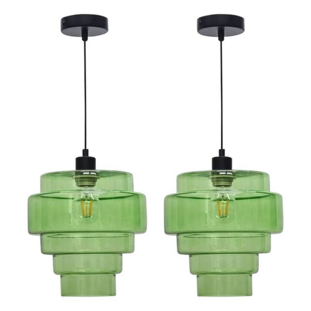 First Choice Lighting Set of 2 Benson - 5 Tier Green Glass & Black Ceiling Pendant Lights - image 1