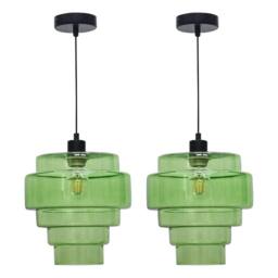First Choice Lighting Set of 2 Benson - 5 Tier Green Glass & Black Ceiling Pendant Lights - thumbnail 1
