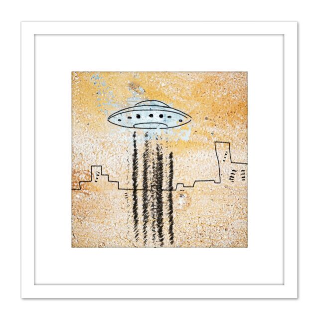 Artery8 UFO Flying Saucer City Abstract Illustration 8X8 Inch Square Wooden Framed Wall Art Print Picture with Mount in White - image 1
