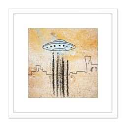 Artery8 UFO Flying Saucer City Abstract Illustration 8X8 Inch Square Wooden Framed Wall Art Print Picture with Mount in White - thumbnail 1