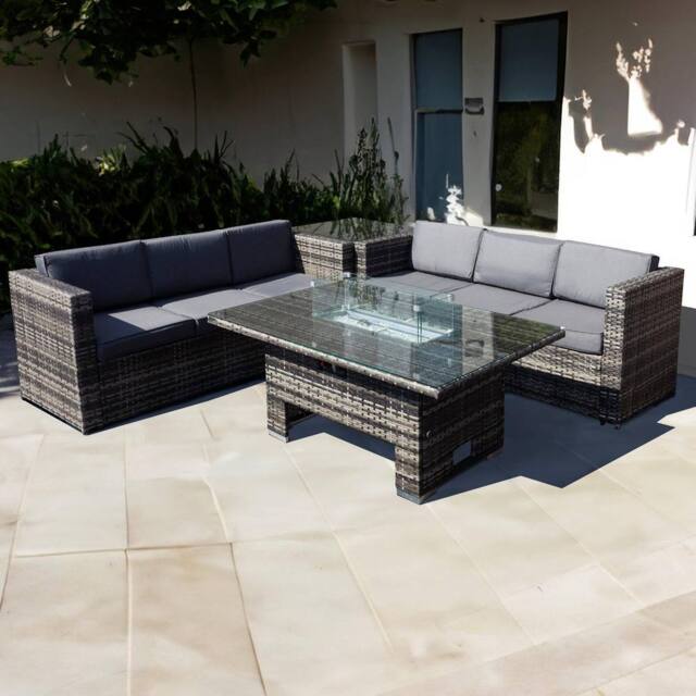 Oseasons Malta Rattan 6 Seat Rising Firepit Corner Set in Grey Walnut - image 1