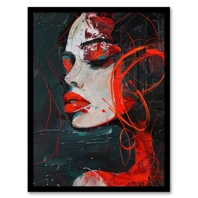 "Artery8 Red Passion Woman Abstract Portrait Oil Painting Framed Art Print - Size: W12"" x H16""" - image 1