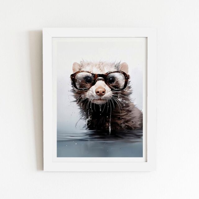 "Warren Reed - Designer Splashart Ferret With Glasses Framed Art Print in White - Size: W8"" x H10""" - image 1