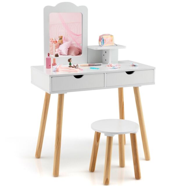 Costway 2-in-1 Kids Vanity Set Kids Wood Vanity Table Stool w/ Mirror & 2 Drawers in White - image 1