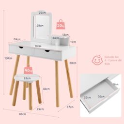 Costway 2-in-1 Kids Vanity Set Kids Wood Vanity Table Stool w/ Mirror & 2 Drawers in White - thumbnail 2
