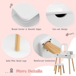 Costway 2-in-1 Kids Vanity Set Kids Wood Vanity Table Stool w/ Mirror & 2 Drawers in White - thumbnail 5