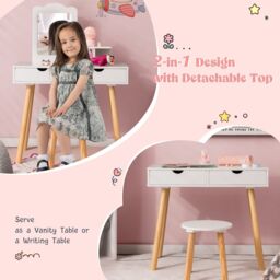 Costway 2-in-1 Kids Vanity Set Kids Wood Vanity Table Stool w/ Mirror & 2 Drawers in White - thumbnail 3