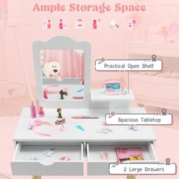 Costway 2-in-1 Kids Vanity Set Kids Wood Vanity Table Stool w/ Mirror & 2 Drawers in White - thumbnail 4