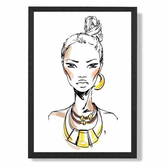 ARTZE Woman Face Pen & Ink Sketch Framed Print SIZE: A2 with Black Frame in Yellow - Size: A4 - image 1