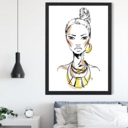 ARTZE Woman Face Pen & Ink Sketch Framed Print SIZE: A2 with Black Frame in Yellow - Size: A4 - thumbnail 2