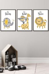 ARTZE Set of 3 Black Framed Scandi Nursery Elephant Animals Quote Yellow Grey Wall Art in Bright Yellow - Size: W33 cm x H45 cm x D20mm