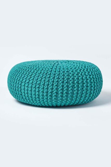 Homescapes Large Round Cotton Knitted Pouffe Footstool in Green - image 1