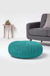 Homescapes Large Round Cotton Knitted Pouffe Footstool in Green - thumbnail 2