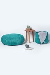 Homescapes Large Round Cotton Knitted Pouffe Footstool in Green - thumbnail 6