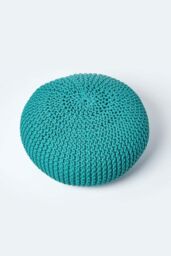 Homescapes Large Round Cotton Knitted Pouffe Footstool in Green - thumbnail 3