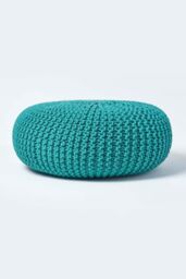 Homescapes Large Round Cotton Knitted Pouffe Footstool in Green - thumbnail 1