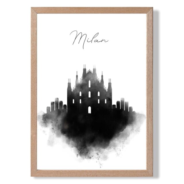 ARTZE Milan Watercolour Skyline City Framed Print SIZE: A4 with Oak Frame in Black - image 1