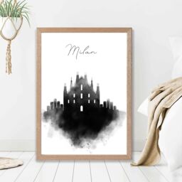ARTZE Milan Watercolour Skyline City Framed Print SIZE: A4 with Oak Frame in Black - thumbnail 2