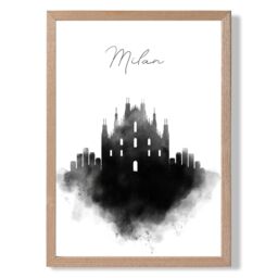 ARTZE Milan Watercolour Skyline City Framed Print SIZE: A4 with Oak Frame in Black - thumbnail 1