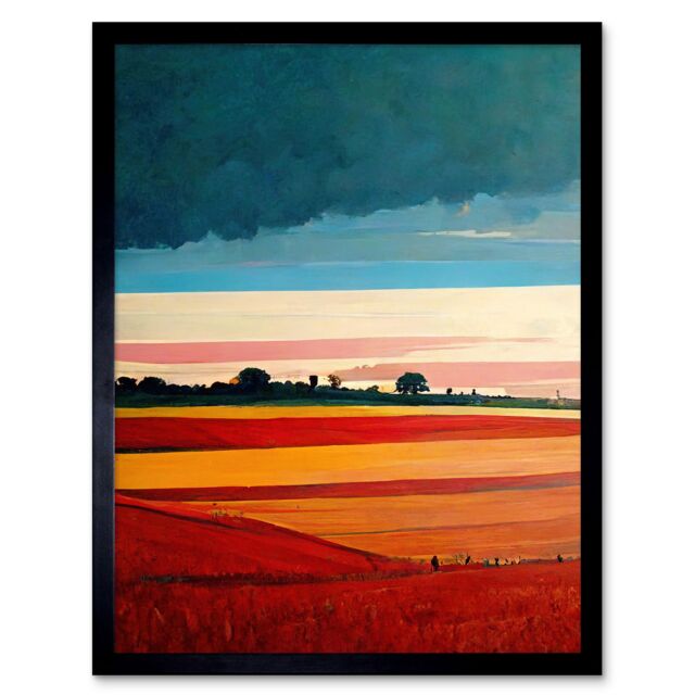 "Artery8 Wall Art Print Colourful Modern Countryside Landscape Multicoloured Art Framed in Black - Size: W12"" x H16""" - image 1