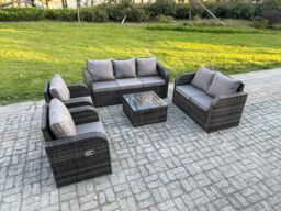 Fimous 7 Seater Garden Furniture Set Rattan Outdoor Lounge Sofa Chair With Tempered Glass Table Dark Grey Mixed - thumbnail 1