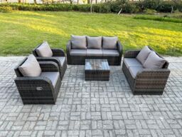 Fimous 7 Seater Garden Furniture Set Rattan Outdoor Lounge Sofa Chair With Tempered Glass Table Dark Grey Mixed - thumbnail 2