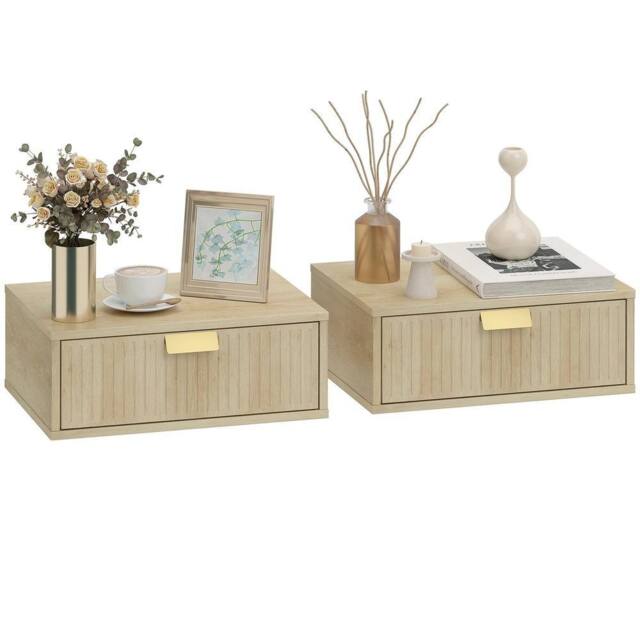 VOGREX Set of 2 Oak Floating Nightstands Wave Drawer Bedside Tables in Light Oak - image 1