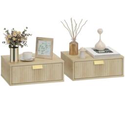 VOGREX Set of 2 Oak Floating Nightstands Wave Drawer Bedside Tables in Light Oak - thumbnail 1