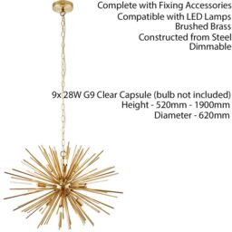Loops Multi Light Ceiling Pendant 9 Bulb BRASS Feature Chandelier Vintage Metal Lamp in Metallics - thumbnail 2