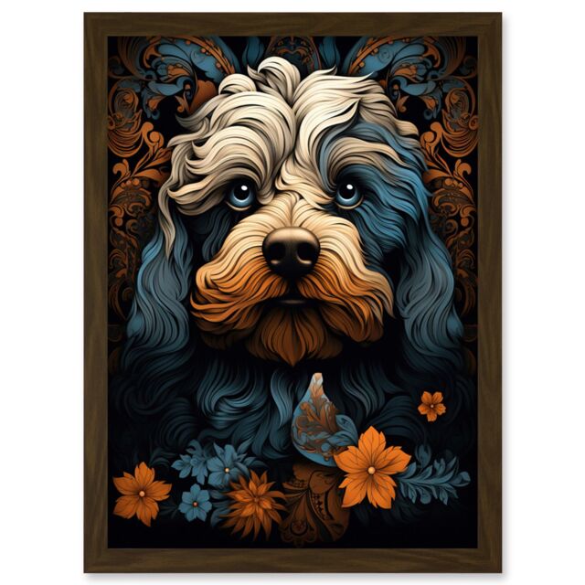 Artery8 Wall Art Print Cockapoo Dog with Flower Patterns Art Nouveau Artwork Orange Blue Floral Portrait Design Artwork Framed A4 in Brown - image 1