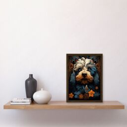 Artery8 Wall Art Print Cockapoo Dog with Flower Patterns Art Nouveau Artwork Orange Blue Floral Portrait Design Artwork Framed A4 in Brown - thumbnail 2