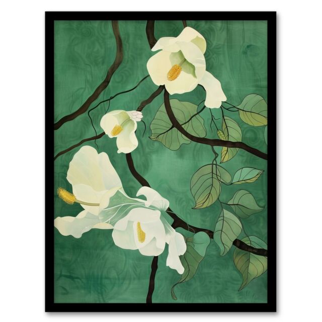 "Artery8 Japanese White Cherry Tree Flower Green Design Framed Art Print - Size: W12"" x H16""" - image 1