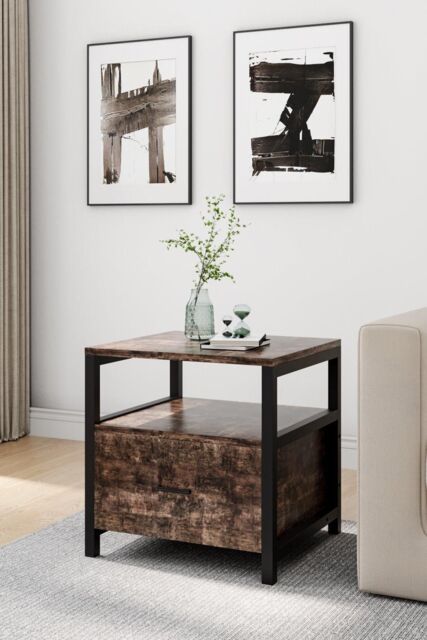 H&O Direct 55cm W x 51cm D x 56cm H Industrial 1 Drawer Bedside Table Bedroom in Brown - Size: 55 cm W x 51 cm D x 56 cm H - image 1