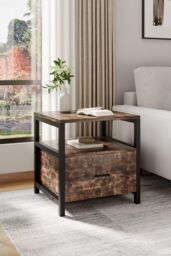 H&O Direct 55cm W x 51cm D x 56cm H Industrial 1 Drawer Bedside Table Bedroom in Brown - Size: 55 cm W x 51 cm D x 56 cm H - thumbnail 5