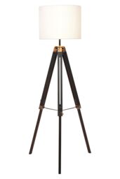 Orsina Tripod Floor Lamp With Black Base, Cylindrical Shade Standing Lamp, Wooden Floor Lamp With Metal Bracing