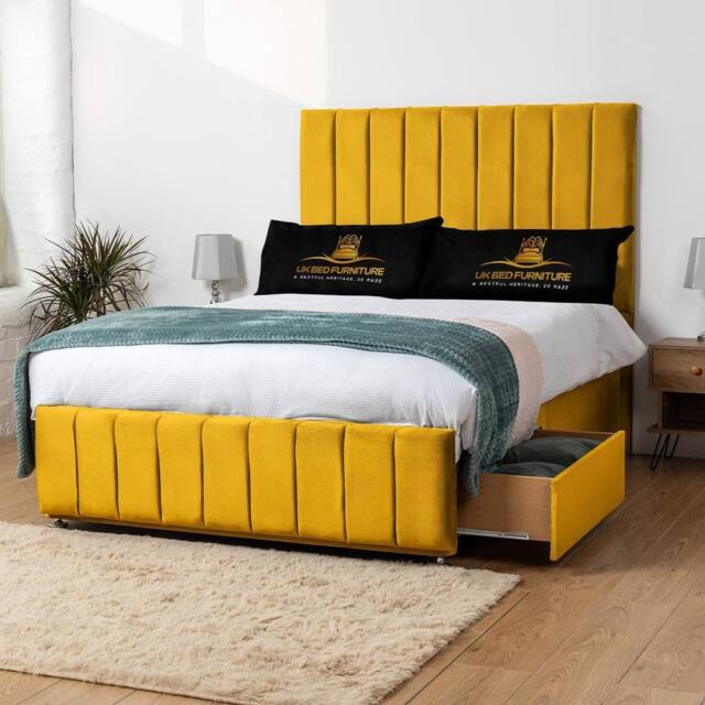 UK Bed Furniture Falcon Divan Bed with 2 Drawers Foot End & 26 Inch headboard in Mustard - Size: Double - image 1