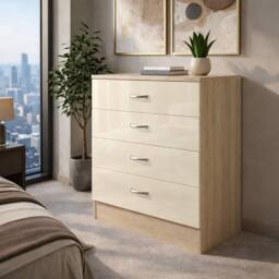Harmin High Gloss Cream on Sonoma Oak 4 Drawer Chest - thumbnail 2