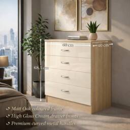 Harmin High Gloss Cream on Sonoma Oak 4 Drawer Chest - thumbnail 3