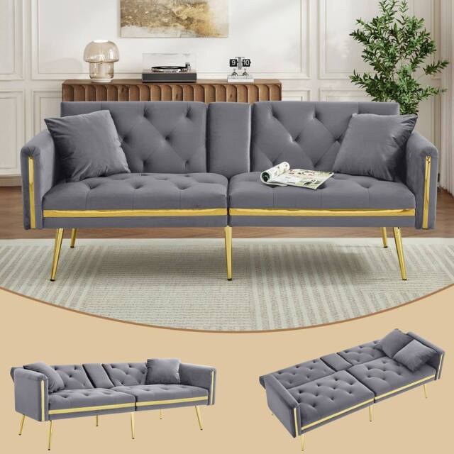 BTM 2 Seater Sofa Bed Convertible Sofa Adjustable Backrest Cup Holders in Grey - image 1